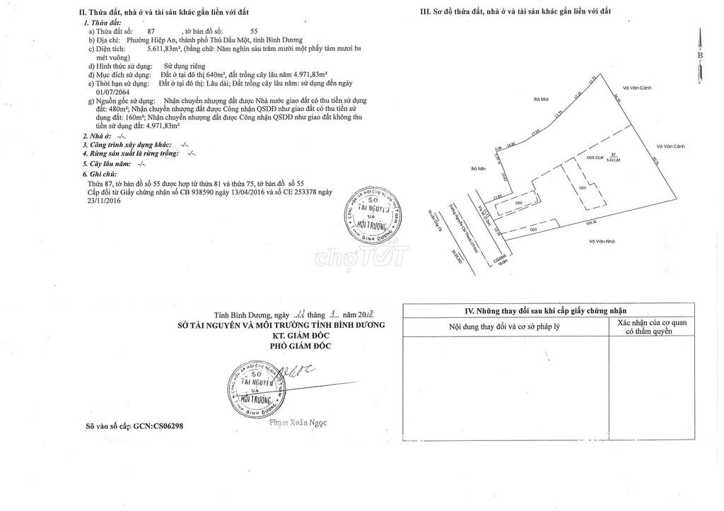 Đất thổ cư 640m2, diện tích đất 5.611,83m2 đường Lê Chí Dân, TDM, BD