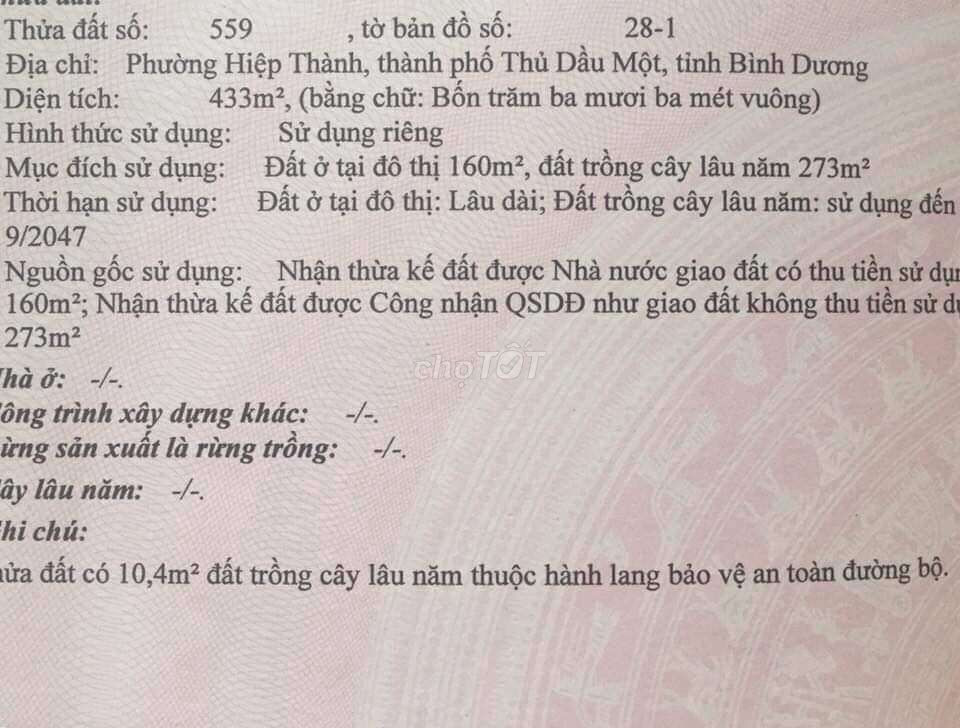 đất mặt tiền đường Trương Định - Hiệp Thành - đối diện trường Cao đẳng