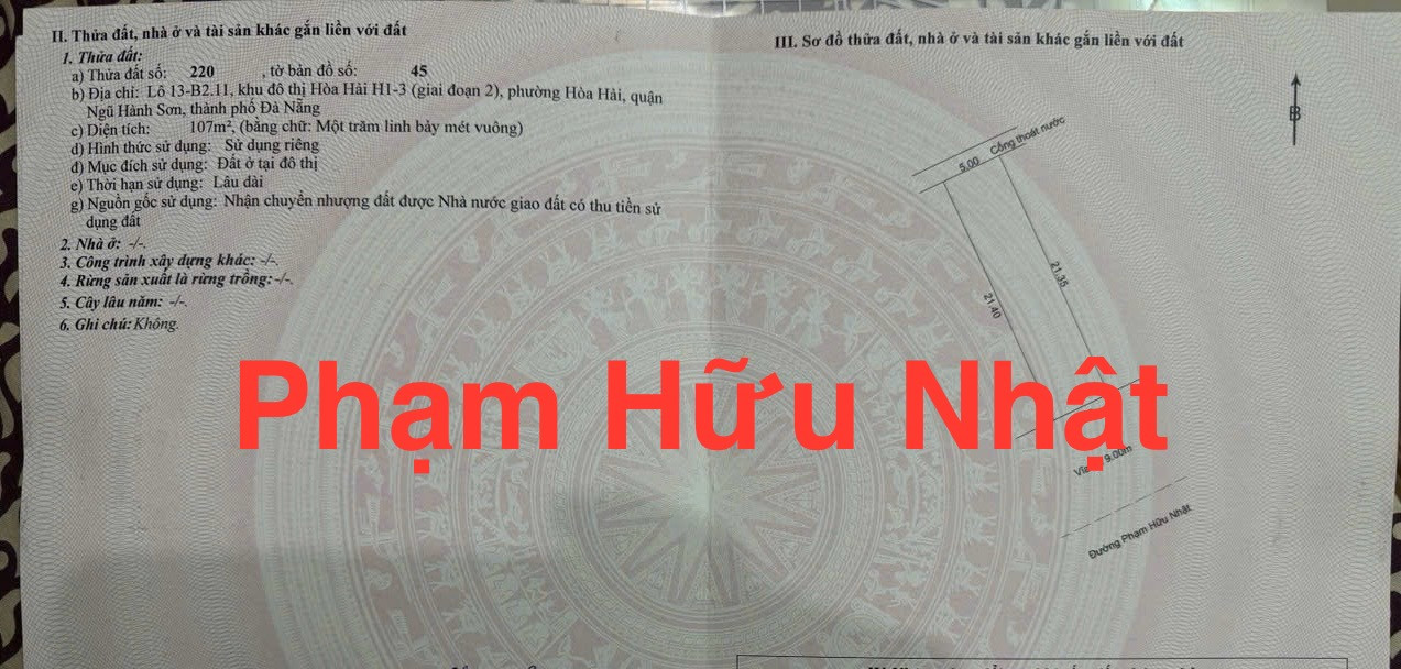 Đất đường Phạm Hữu Nhật, Khuê Mỹ, NHSơn, Đ Nẵng, 107m2/8,x  tỷ