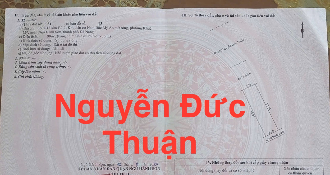 Đất đường Nguyễn Đức Thuận, sát bãi biển Sơn Thủy,90m2,H:Bắc 7,4 tỷ