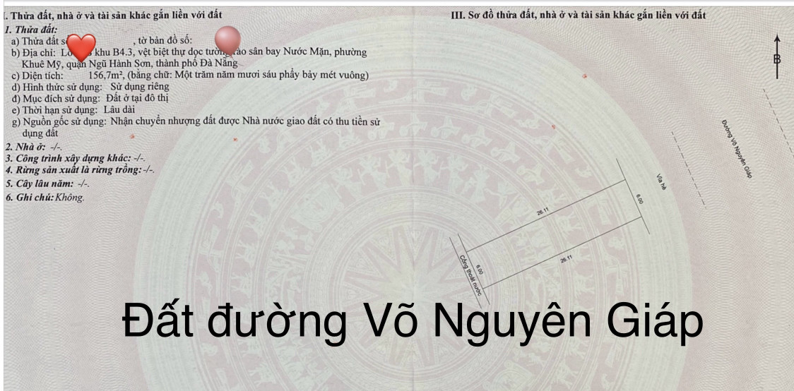 Đất mặt tiền Võ Nguyên Giáp , 6x26=157m2 ,H:Đông,giá: 19 tỷ
