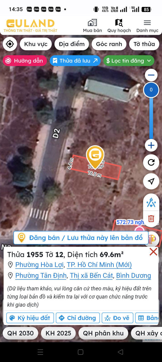 Đất mặt tiền Nhựa 69.6m² ngang 4,35m giá 1.5 tỷ Phường Hòa Lợi