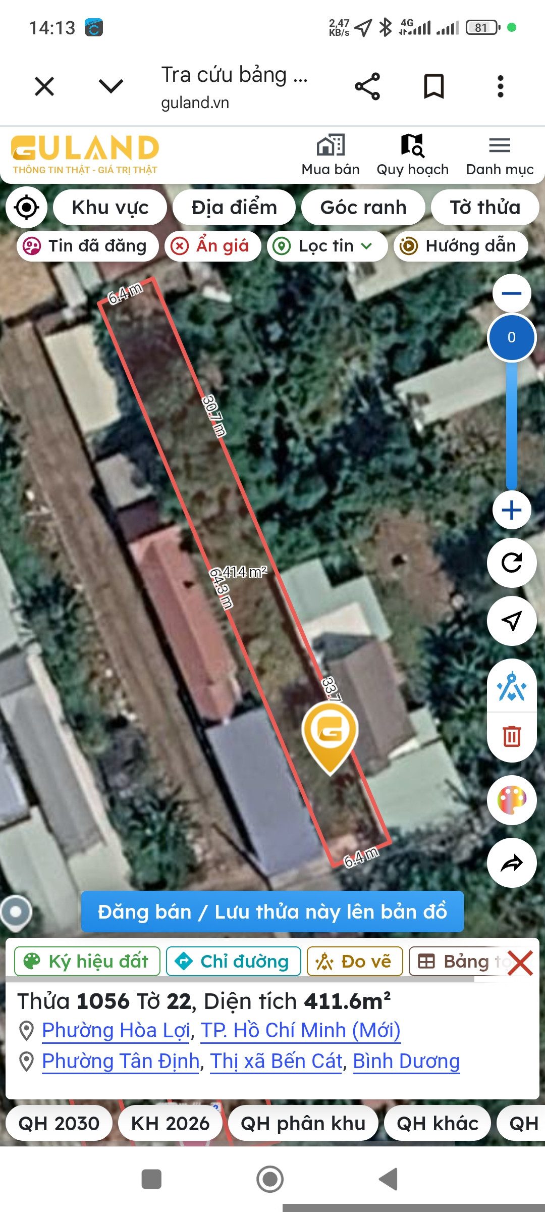 Bán đất 411.6m² có sẵn 120m² thổ cư ngang 6,4m giá 5.02 tỷ tại Phường Hòa Lợi