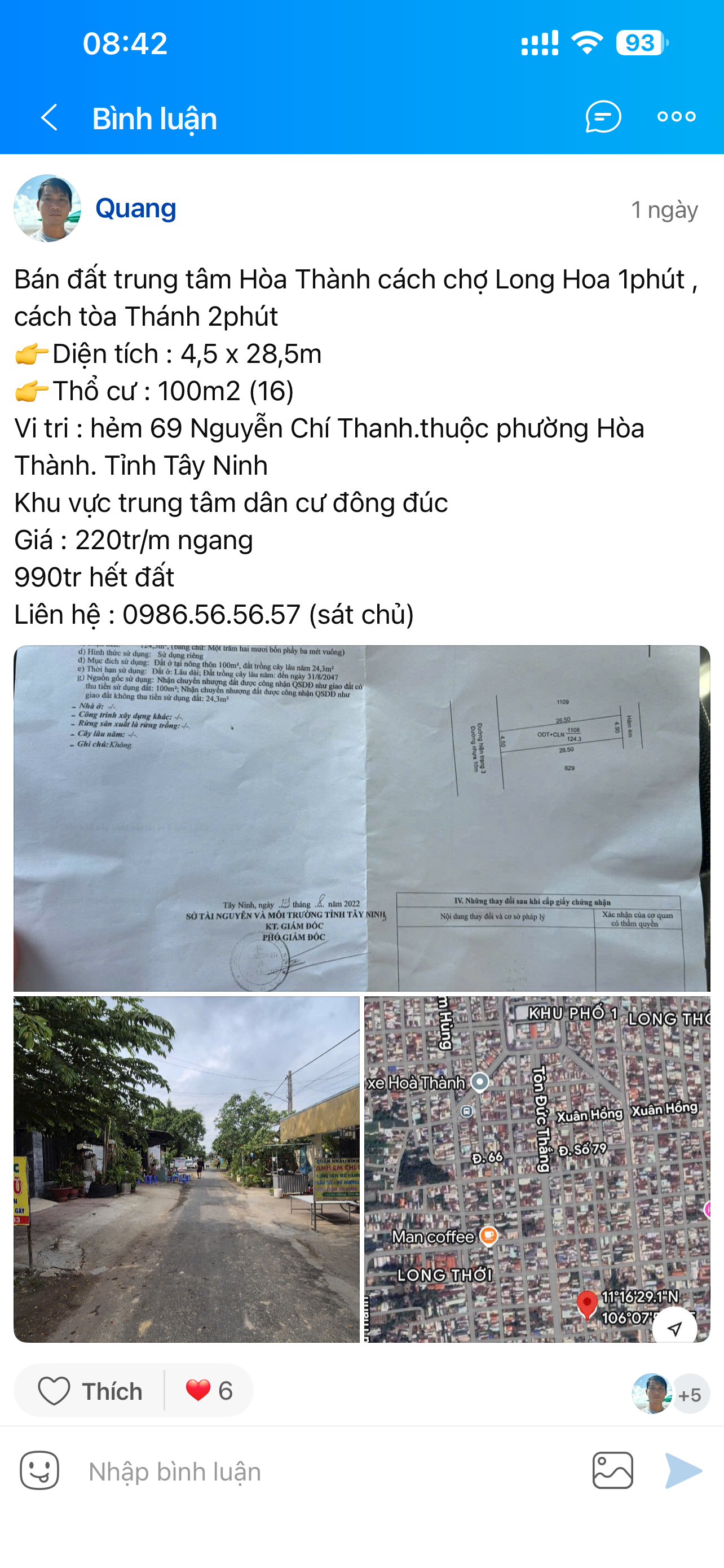 Bán đất 124.3m² có sẵn 100m² thổ cư ngang 4.5m giá 990 triệu tại Phường Hòa Thành