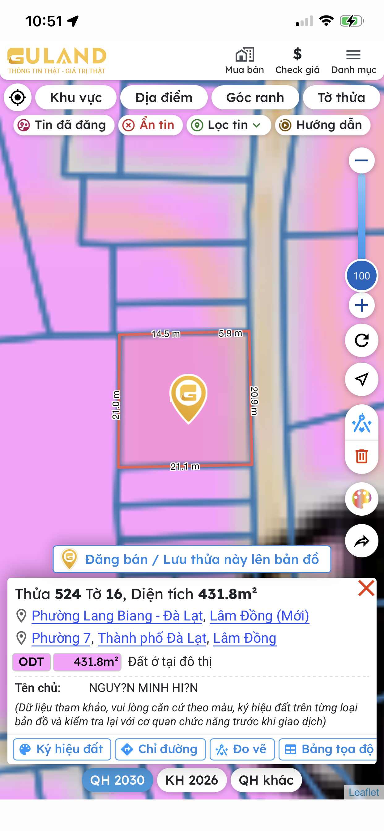 Bán đất 350m² full thổ cư ngang 20m giá 16 tỷ tại Phường Lang Biang - Đà Lạt