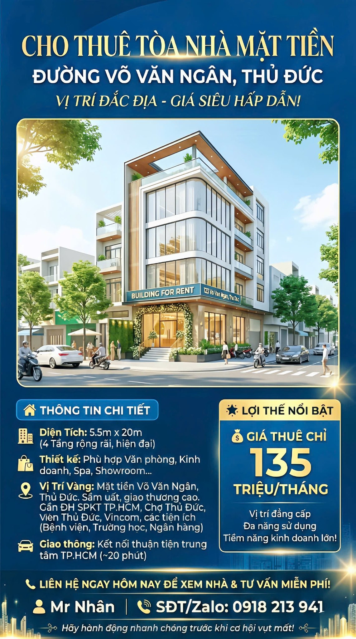 CHO THUÊ TOÀ NHÀ MẶT TIỀN ĐƯỜNG VÕ VĂN NGÂN, THỦ ĐỨC - VỊ TRÍ ĐẮC ĐỊA, GIÁ THƯƠNG LƯỢNG 135 TRIỆU/THÁNG!