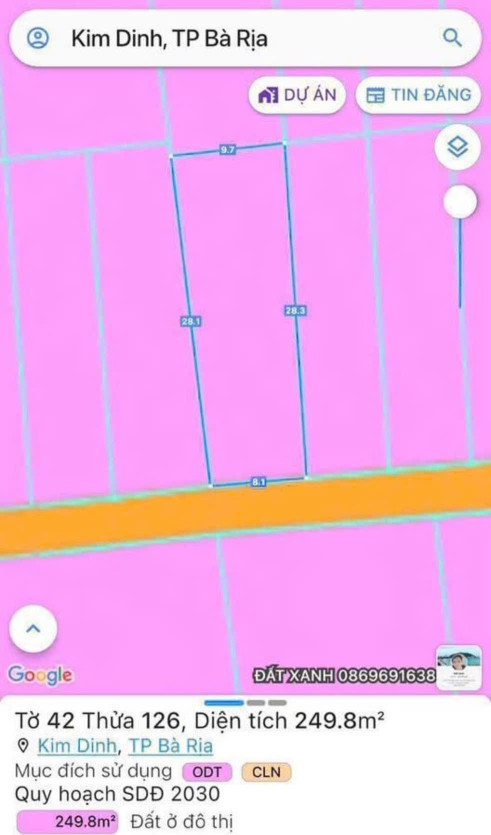 Bán đất 249.8m² ngang 8.1m giá 2.35 tỷ Phường Long Hương