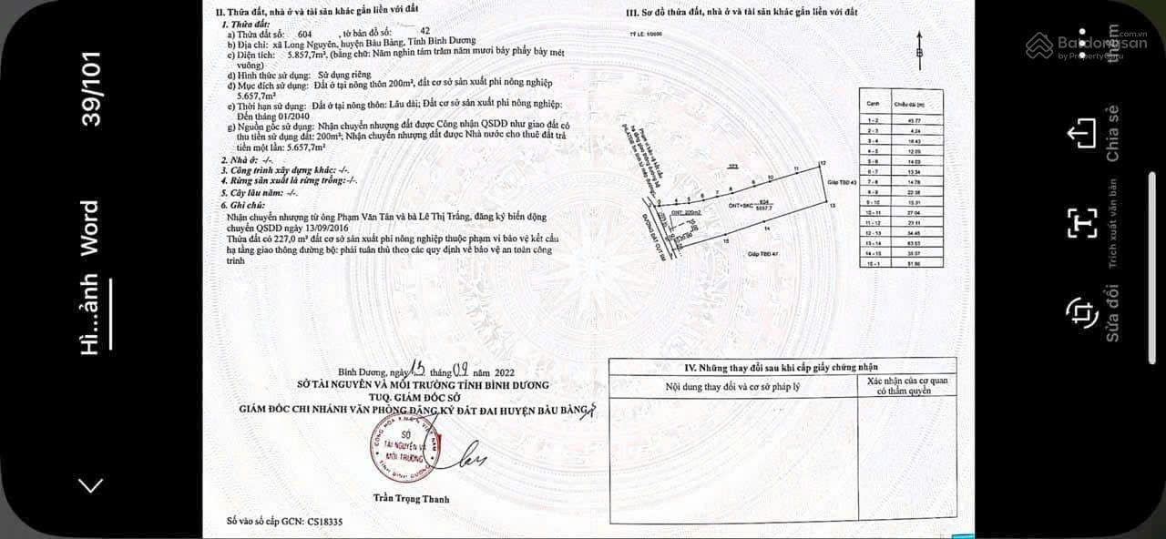 Bán đất 5765.8m² ngang 43m giá 16.9 tỷ Phường Long Nguyên cách trung tâm bến cát 5km