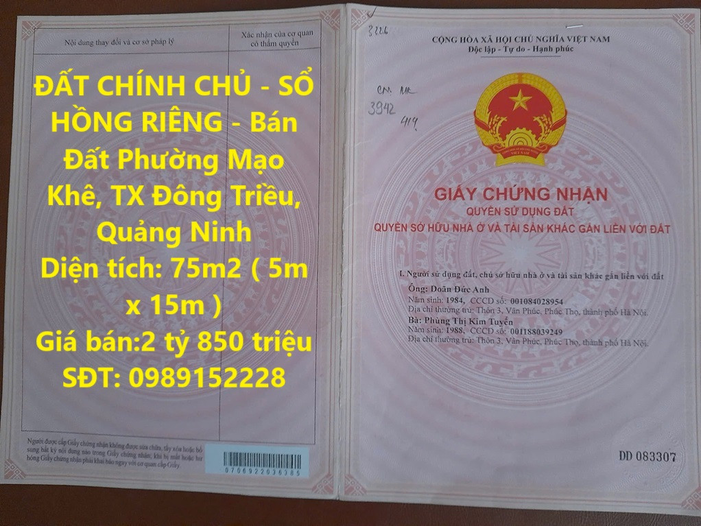 ĐẤT CHÍNH CHỦ - SỔ HỒNG RIÊNG - Bán Đất Phường Mạo Khê, TX Đông Triều, Quảng Ninh
