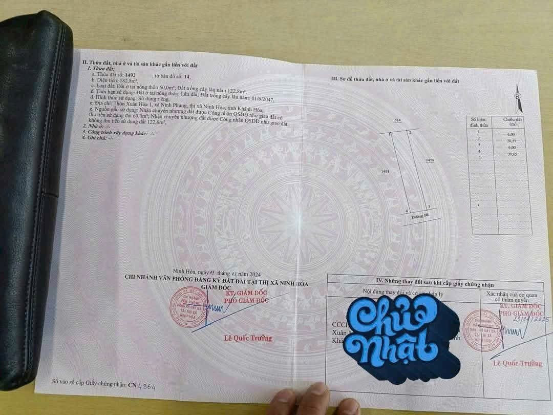 Cần bán lô đất thổ cư thôn Xuân Hoà 1,(Phường Ninh Hòa) Diện tích: 182,8 mét vuông mét vuông  Ngang 6m dài hơn 30 mét Về Trung tâm Phường Ninh Hòa