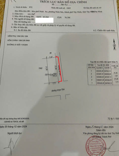 bán đất . DT 161 m2 . phường minh sơn . tp tây ninh