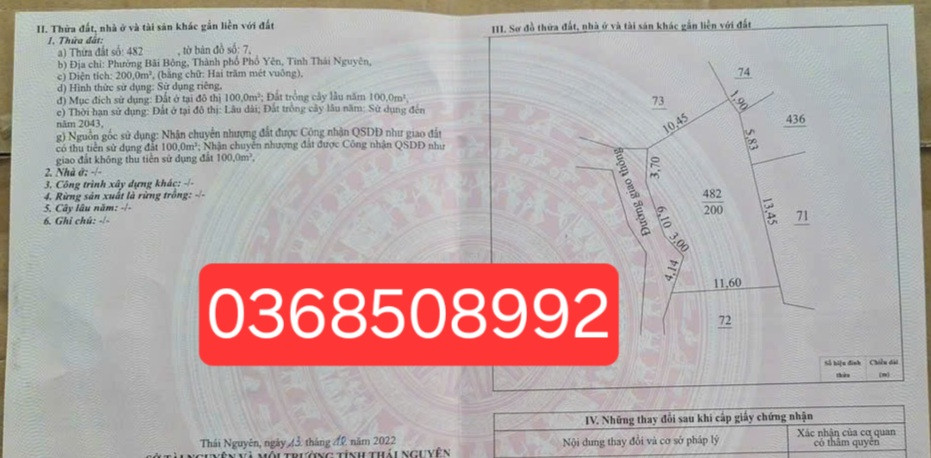 Bán đất 200m² ngang 16m giá 1.45 tỷ Phường Phổ Yên