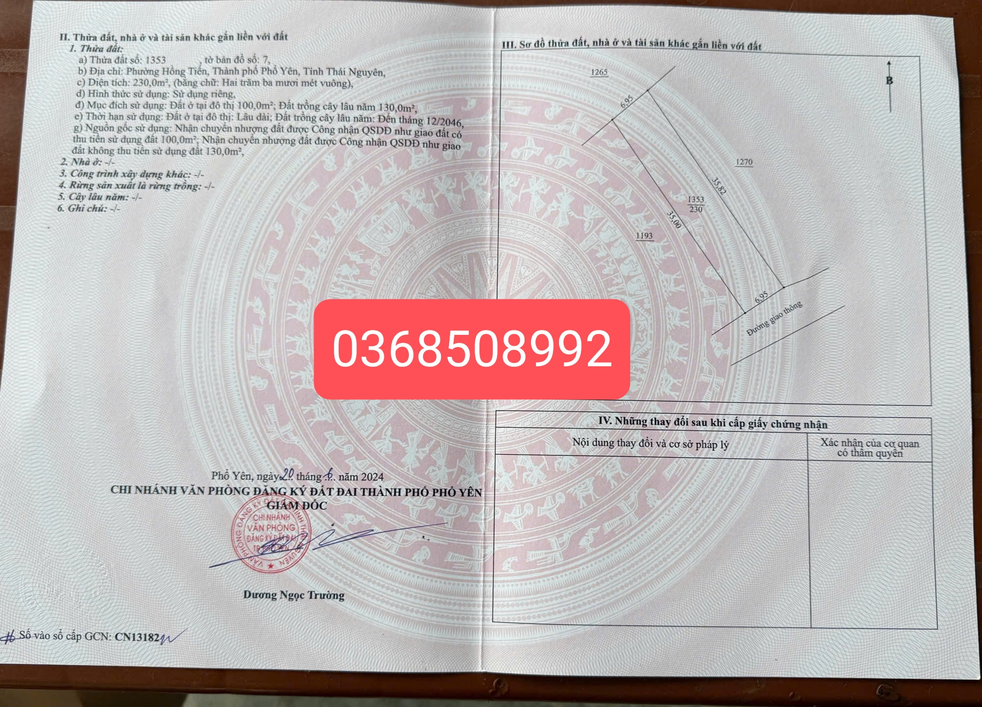 Bán đất 230m² ngang 6,9m giá 1.25 tỷ Phường Phổ Yên