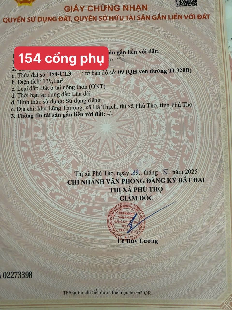 Bán Đất 139m² thổ cư 139m² giá 2.25 tỷ tại Phường Phong Châu Phú Thọ