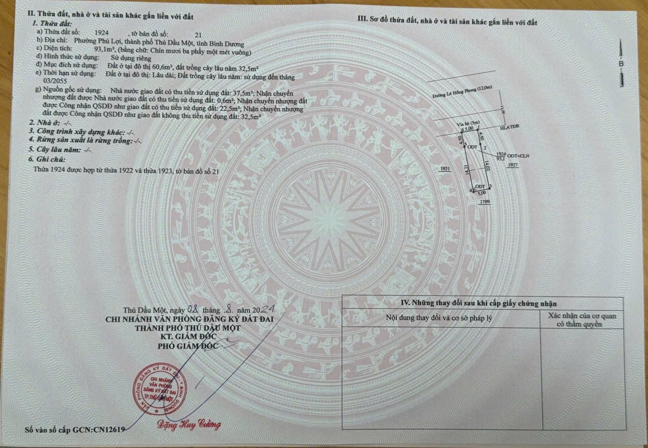 Bán đất MT LÊ HỒNG PHONG 874.5m² ngang 10m giá 14.5 tỷ Phường Phú Lợi: 0815422197