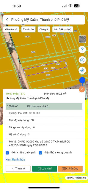 Bán đất 152m² ngang 5m giá 1.6 tỷ Phường Phú Mỹ