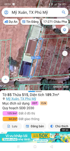 Bán đất 189.7m² ngang 5m giá 1.7 tỷ Phường Phú Mỹ