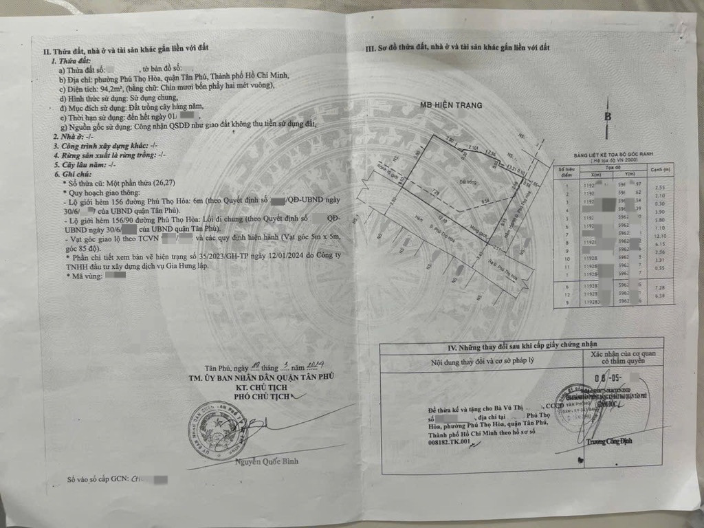 Bán đất 94.2m² ngang 8m giá 6.6 tỷ tại Phường Phú Thọ Hòa Quận Tân Phú