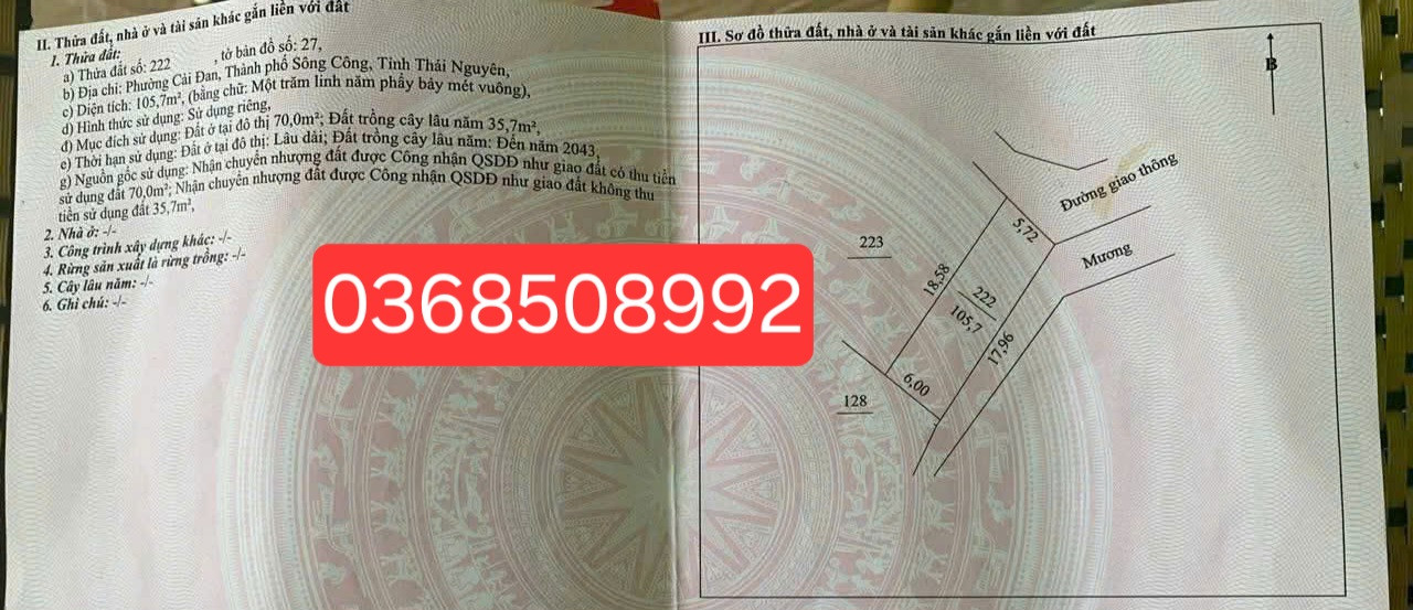 Bán đất 105m² ngang 5,7m giá 660 triệu Phường Sông Công