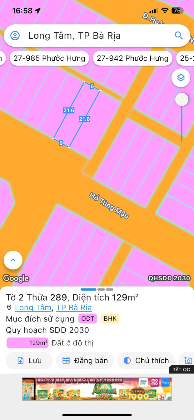 Bán đất 129.9m² ngang 6m giá 2.85 tỷ Phường Tam Long