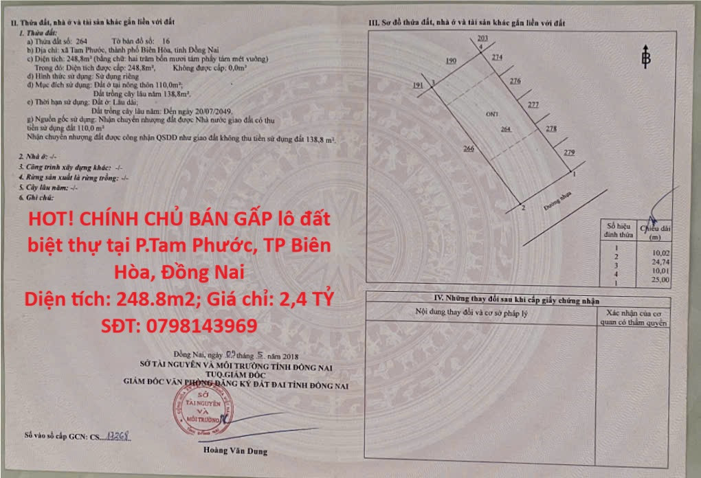 HOT! CHÍNH CHỦ BÁN GẤP lô đất biệt thự tại P.Tam Phước, TP Biên Hòa, Đồng Nai