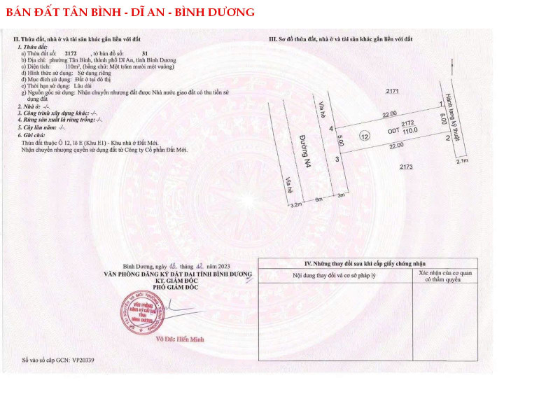 Bán đất Tân Bình - Dĩ An - Bình Dương 110m2 giá chỉ 3,3 tỷ