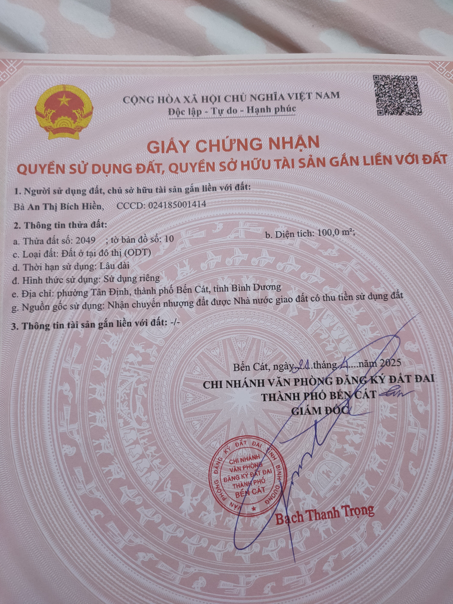 Cần bán đất Tân Định, full thổ cư 100m2 , 1,1 tỉ