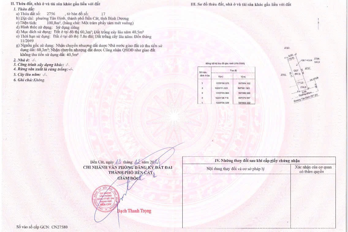 Bán đất 100m² ngang 5m giá 1.25 tỷ tại Phường Tân Định Thị xã Bến Cát