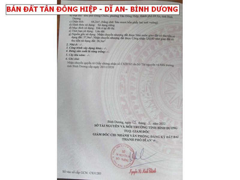 Bán đất Tân Đông Hiệp - Dĩ An - Bình Dương, 2 mặt tiền trước sau thoáng đẹp