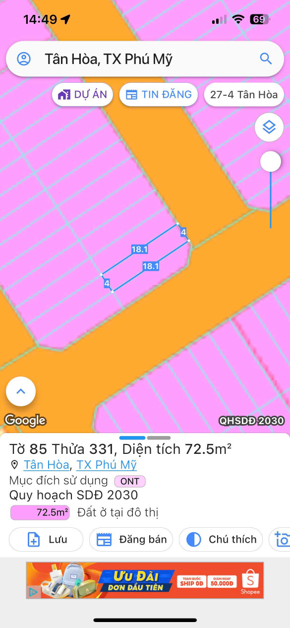 Bán đất 72.9m² ngang 4m giá 1.48 tỷ Phường Tân Hải