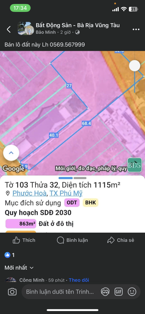 Bán đất 1115m² ngang 5m giá 8.5 tỷ Phường Tân Phước