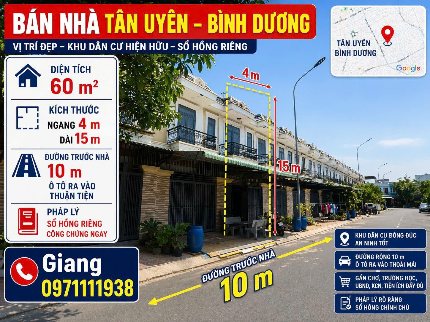 BÁN NHÀ PHỐ TÂN UYÊN - ĐƯỜNG RỘNG 10M - SỔ HỒNG RIÊNG