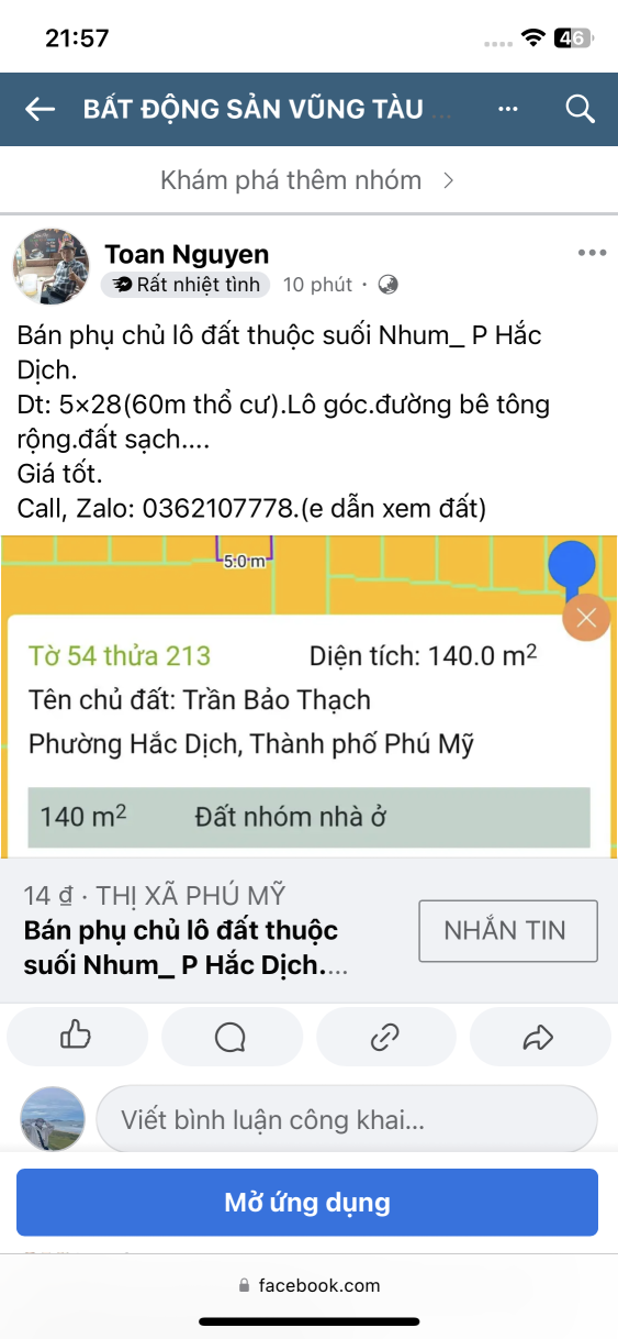 Bán đất 140.9m² ngang 5.0m giá 1.35 tỷ Phường Tân Thành