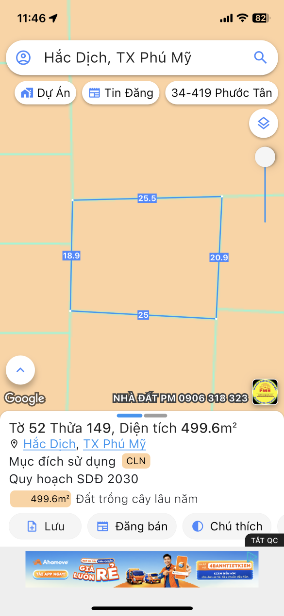 Bán đất 500m² ngang 25m giá 185 triệu Phường Tân Thành