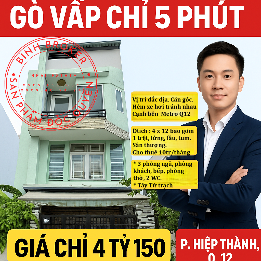 Nhà góc 2 mặt tiền Nguyễn Thị Kiểu, Q12 – 43m², giá chỉ 4.15 tỷ