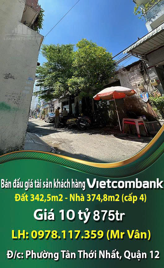 Bán đấu giá tài sản khách hàng Vietcombank, đất 342,5m2, 10.875.524.274 đồng nhà 374,8m2 (cấp 4).