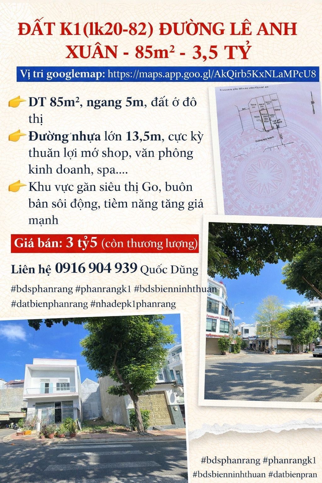 ĐẤT K1(lk20-82) ĐƯỜNG LÊ ANH XUÂN - 85m2 - 3,5 TỶ