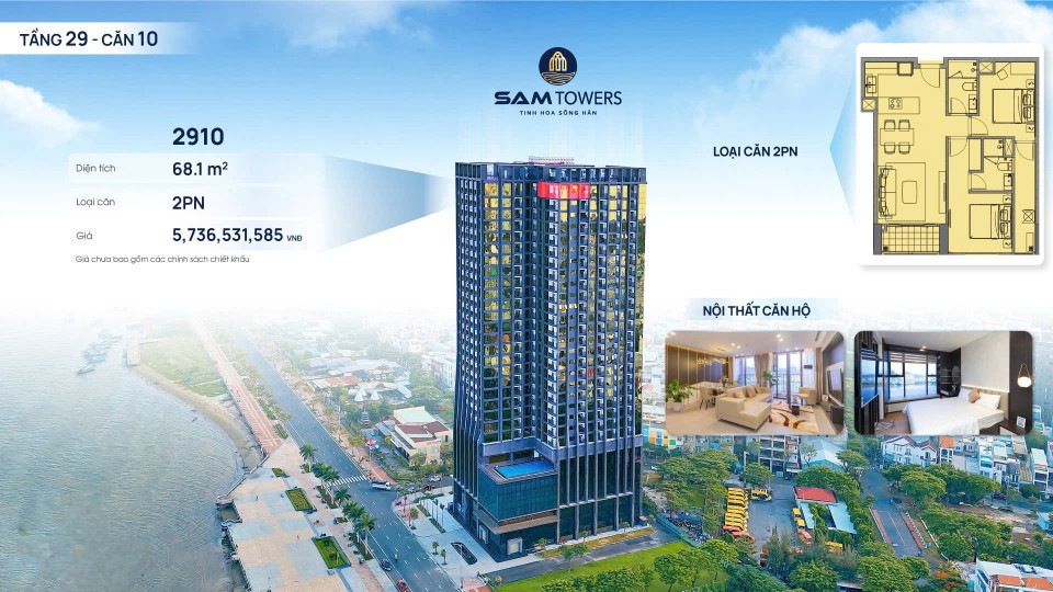 CĂN GÓC TẦNG CAO 2PN SAM TOWERS VIEW SÔNG HÀN GIÁ CỰC SỐC 5TỶ7XX  – Căn 29.10 (tầng 29 – căn 10) – Nằm tại đường Như Nguyệt phường Thuận Phước quận Hải Châu, ngay trung tâm thành phố Đà Nẵng. – View sông Hàn, công viên, vịnh Thuận Phước, cầu Thuận Phước, 