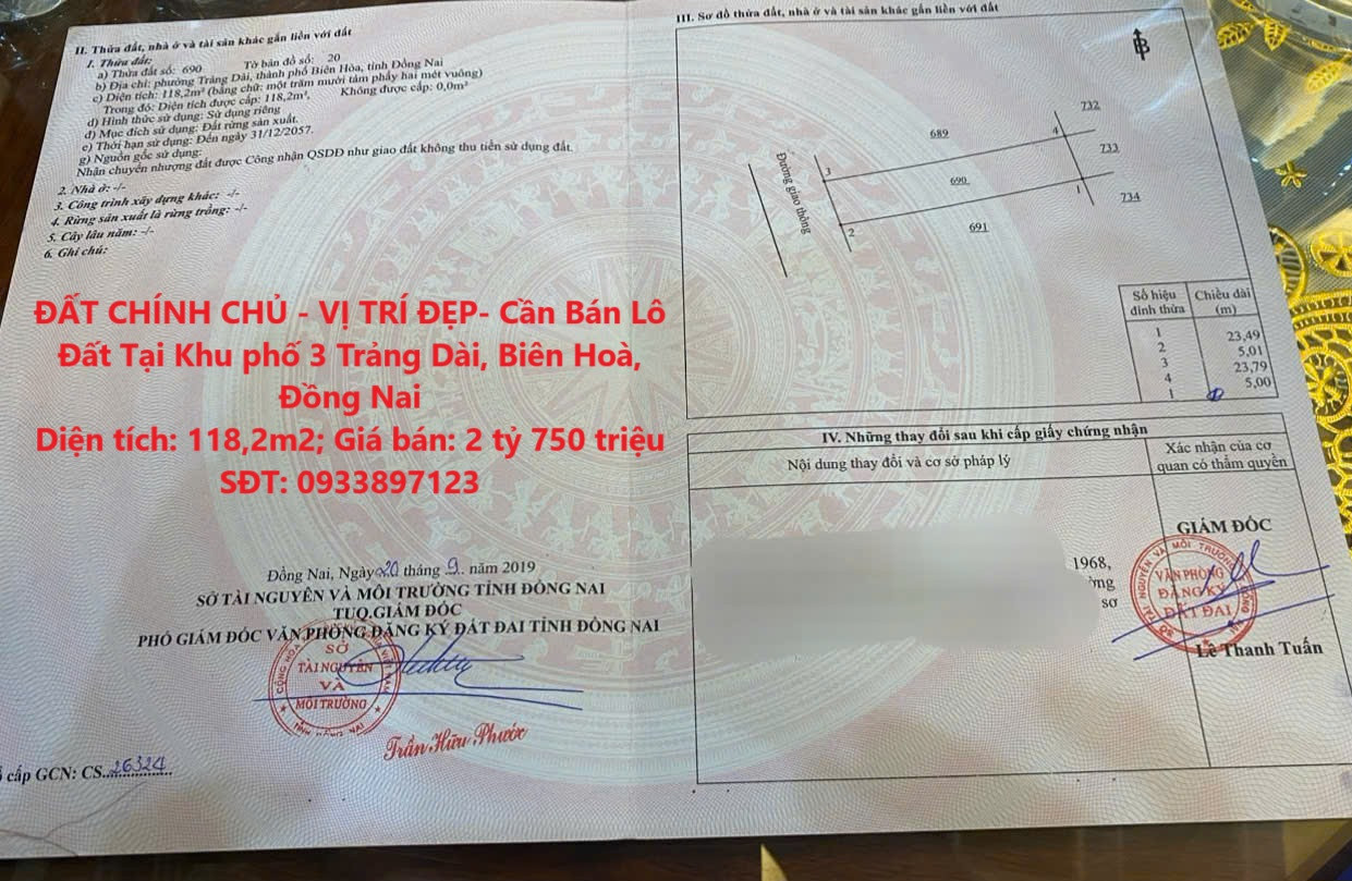 ĐẤT CHÍNH CHỦ - VỊ TRÍ ĐẸP- Cần Bán Lô Đất Tại Khu phố 3 Trảng Dài, Biên Hoà, Đồng Nai