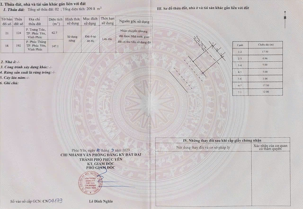 Bán gấp 209,8m2 phường Trưng Trắc , 12m mặt tiền 11 tỷ