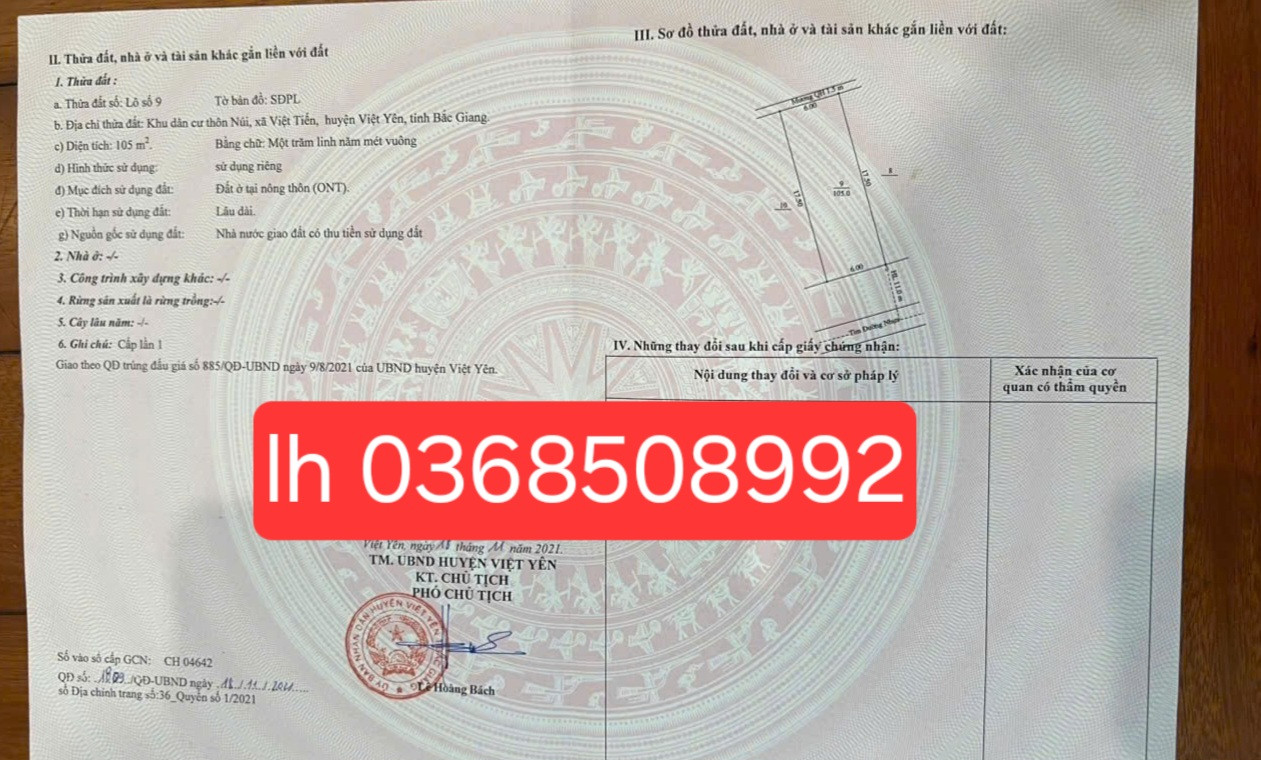 Bán đất 105m² ngang 6m giá 1.82 tỷ Phường Tự Lạn