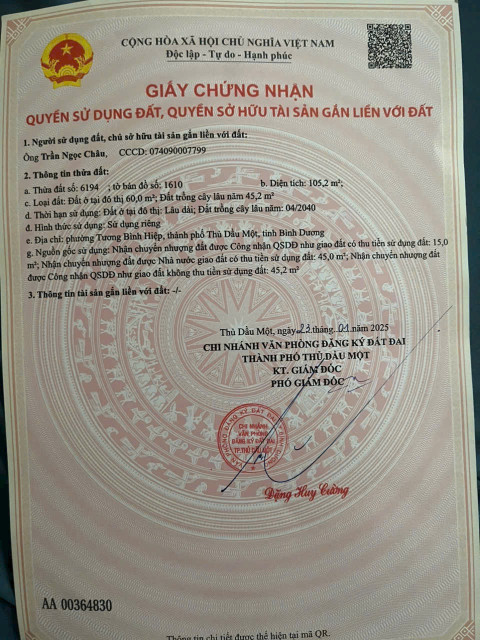 Bán đất 105.1m² 1.5 tỷ tại Phường Tương Bình Hiệp Thành phố Thủ Dầu Một
