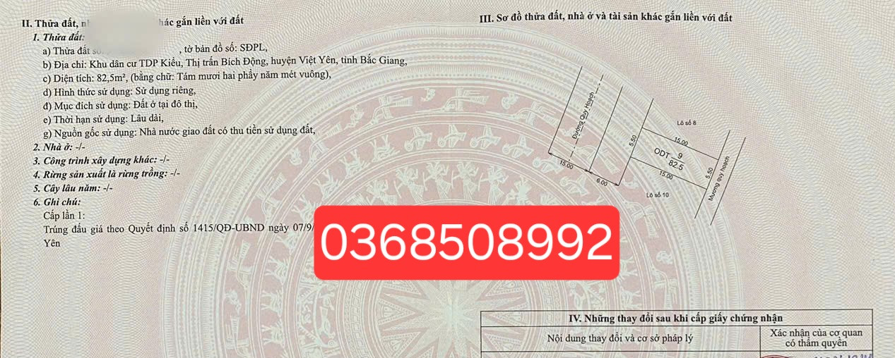Bán đất 82,5m² ngang 5,5m giá 4.06 tỷ Phường Việt Yên