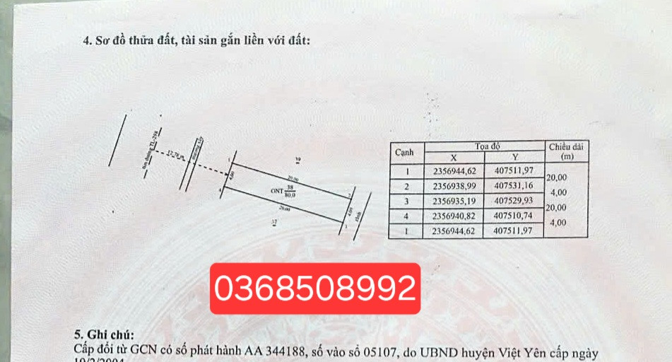 Bán đất 80m² ngang 4m giá 2.9 tỷ Phường Việt Yên