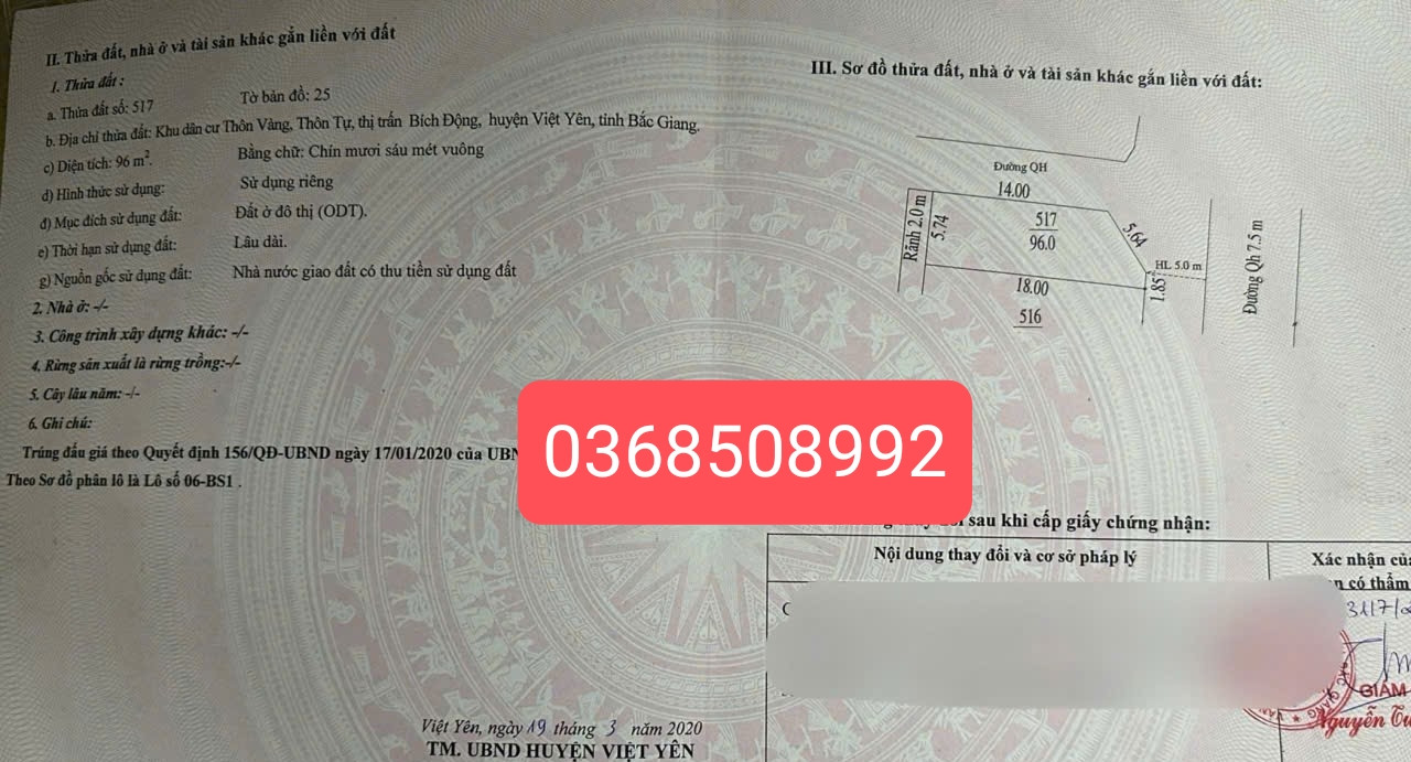 Bán đất 96m² ngang 6m giá 3.95 tỷ Phường Việt Yên