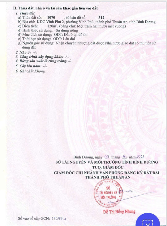 Bán đất khu dân cư vĩnh phú 2