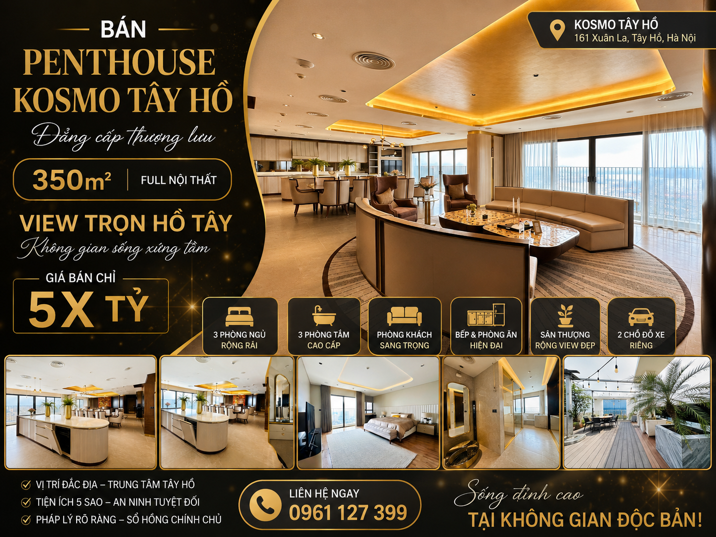 Bán căn Penthouse dự án Kosmo Tây Hồ 600m full nội thất nhập khẩu view trọn Hồ Tây