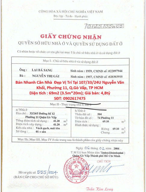 GIÁ TỐT - CHÍNH CHỦ Cần Bán Nhanh Căn Nhà  Đẹp Vị Trí Tại Quận Gò Vấp, TP HCM