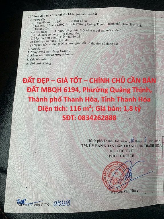 ĐẤT ĐẸP – GIÁ TỐT – CHÍNH CHỦ CẦN BÁN ĐẤT MBQH 6194, Phường Quảng Thịnh, TP. Thanh Hóa, Tỉnh Thanh Hóa