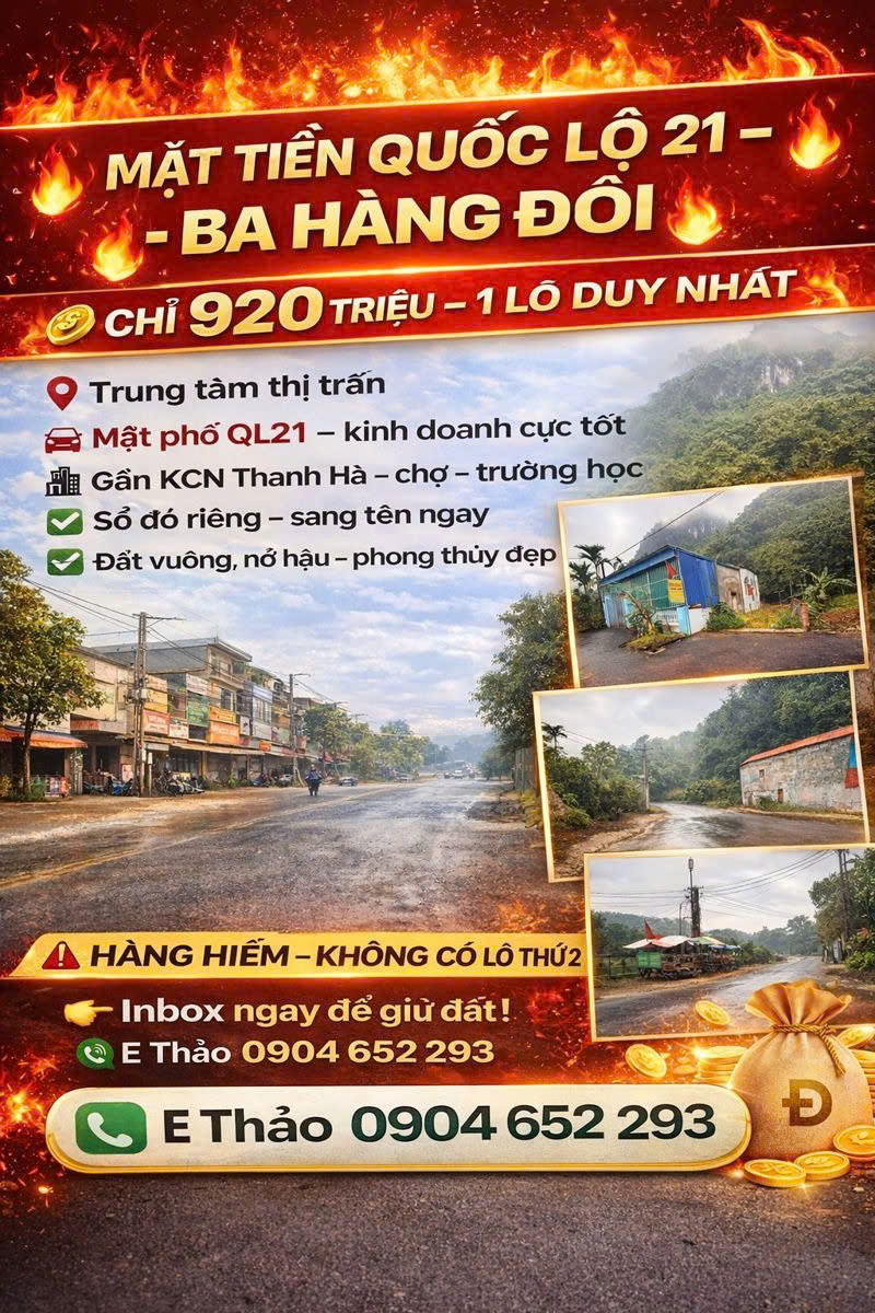 duy nhất 1 lô 9xx triệu sẵn sổ tại mặt đường QL21, TT Ba Hàng Đồi, Hòa Bình